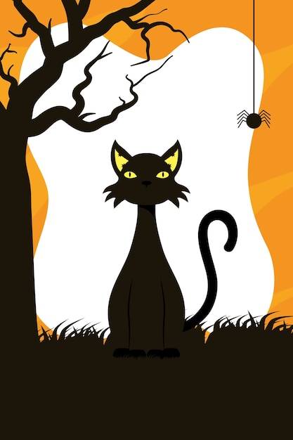 黒猫のマスコットとクモのシーンベクトルイラストデザインとハッピーハロウィンカード プレミアムベクター