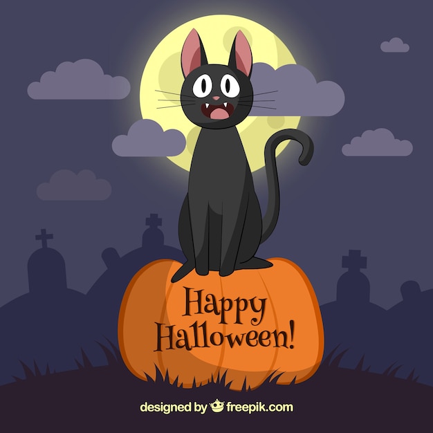 Happy halloween cat with pumpkin and\
tombstones
