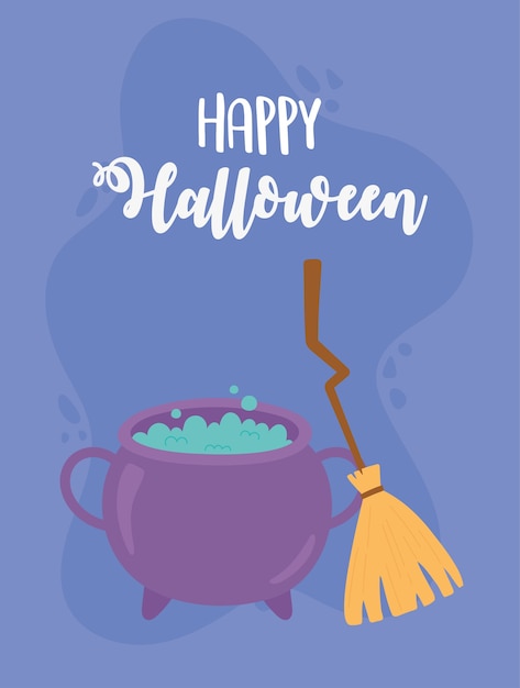Premium Vector | Happy halloween cauldron spell and broom card illustration