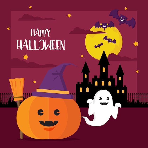 Happy halloween concept pumpkin witch hat and ghost Premium Vector
