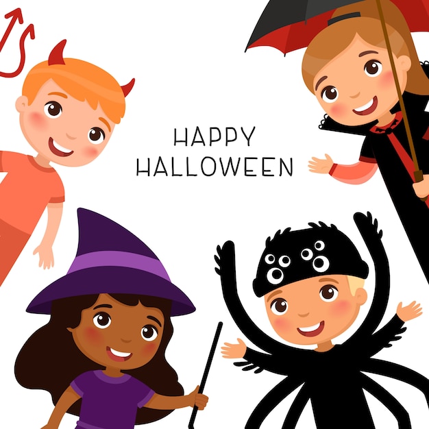 Premium Vector | Happy halloween greeting card with children in spooky ...