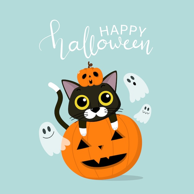 Premium Vector | Happy halloween greeting card with cute black cat, scary  pumpkin
