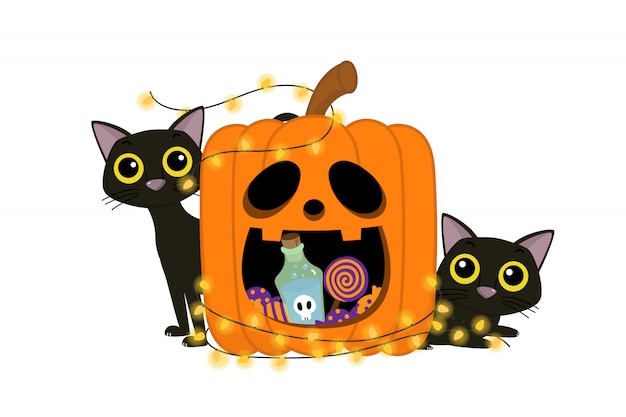 Premium Vector Happy Halloween Greeting Card With Pumpkin And Cat