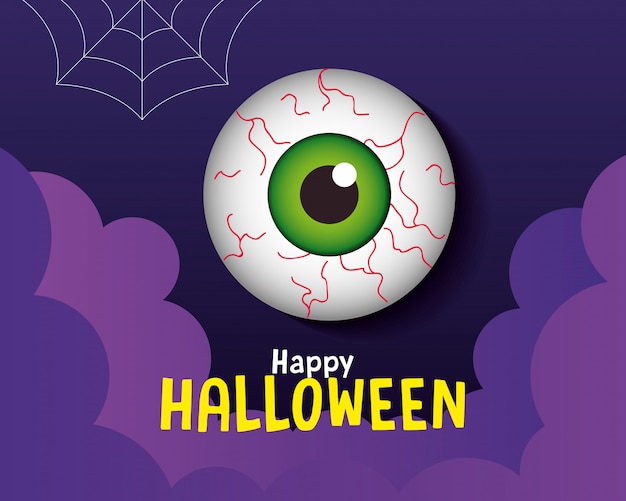 Premium Vector | Happy halloween greeting card, with scary eyeball in ...