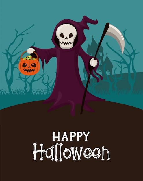 Premium Vector | Happy halloween greeting card with skeleton