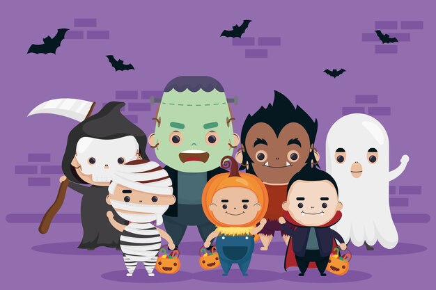 かわいいキャラクターとコウモリが飛んでいる幸せなハロウィーンのグループ プレミアムベクター