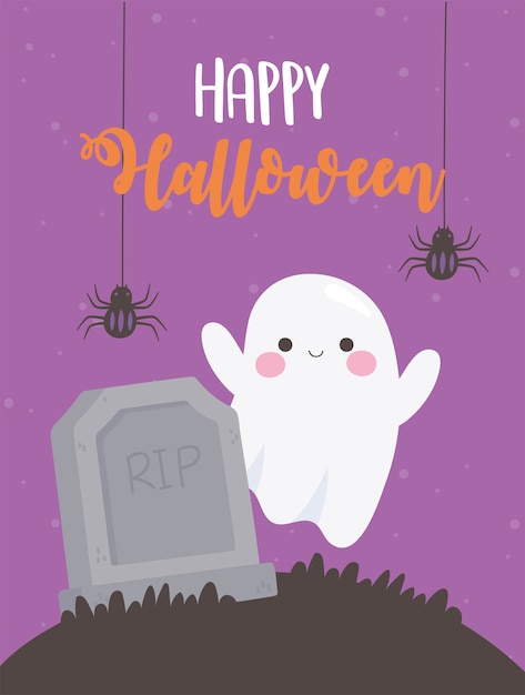 Premium Vector | Happy halloween hanging spiders ghost and tombstone on ...