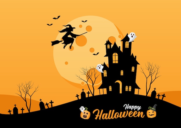 Premium Vector | Happy halloween haunted house. witch flying over the ...