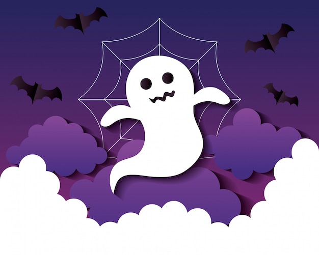 幽霊 雲 紙で飛んでいるコウモリのハッピーハロウィンイラストカットスタイル プレミアムベクター