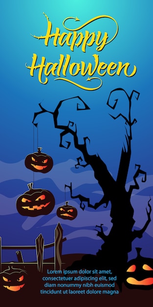 Happy halloween lettering. jack o lanterns hanging on dry tree | Free ...