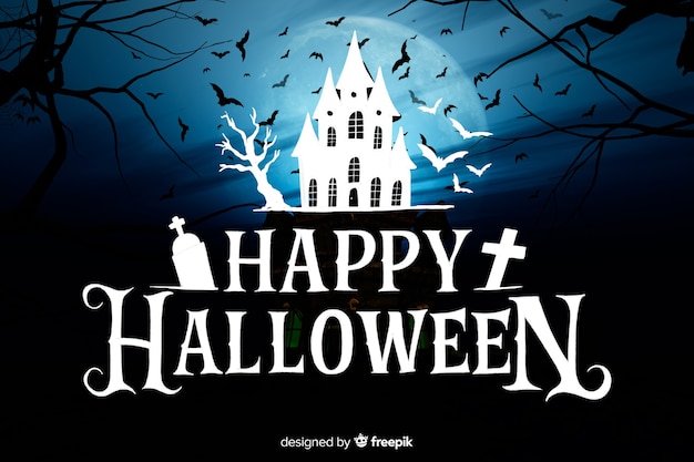 Free Vector  Happy halloween lettering with haunted house