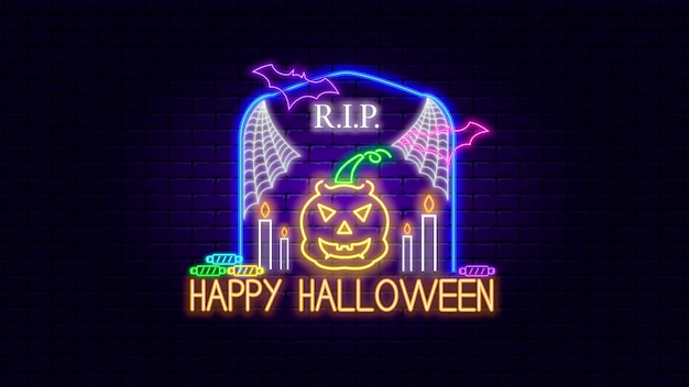 ハッピーハロウィンネオンサインエフェクト プレミアムベクター