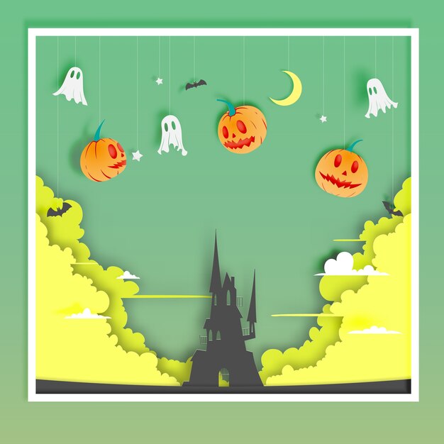 ゴーストベクターイラストとハッピーハロウィンのペーパーアートの背景 プレミアムベクター