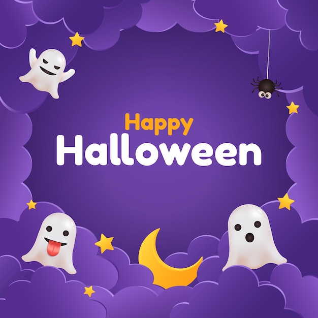 ハッピーハロウィンソーシャルメディアの挨拶 幽霊 星 雲 紫のかわいいフレーム プレミアムベクター