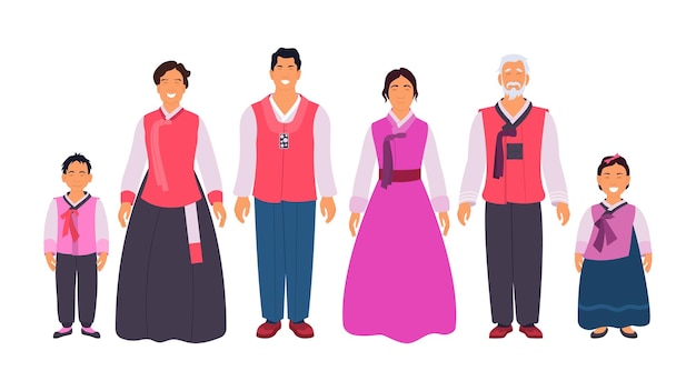 お祝いの韓国民族衣装を着て幸せな韓服家族 白い背景で隔離の東洋の伝統的な服のベクトル図で笑顔の親 祖父母 子供たち プレミアムベクター
