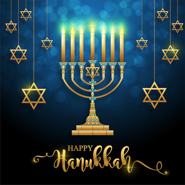 Premium Vector | Happy hanukkah lettering with gold menorah and ...