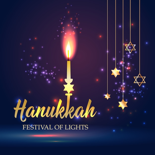 Happy hanukkah shining background with candle, david star and bokeh effect. Premium Vector