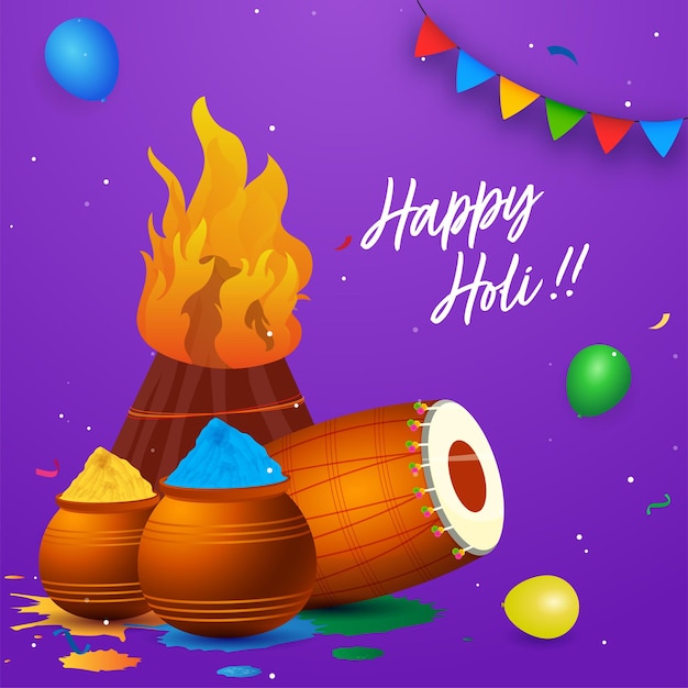 Premium Vector | Happy holi celebration concept with bonfire, dhol ...