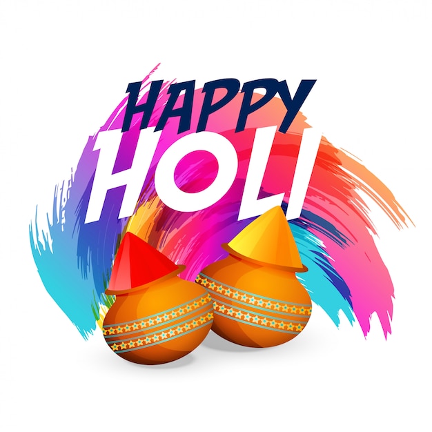 Free Vector | Happy holi colors splash with matki background