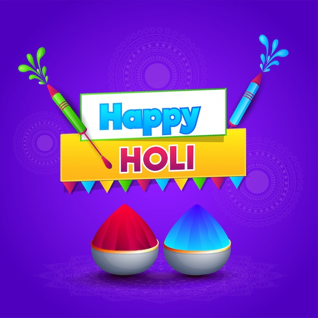 Happy holi greeting card design with color guns and bowls full o Premium Vector