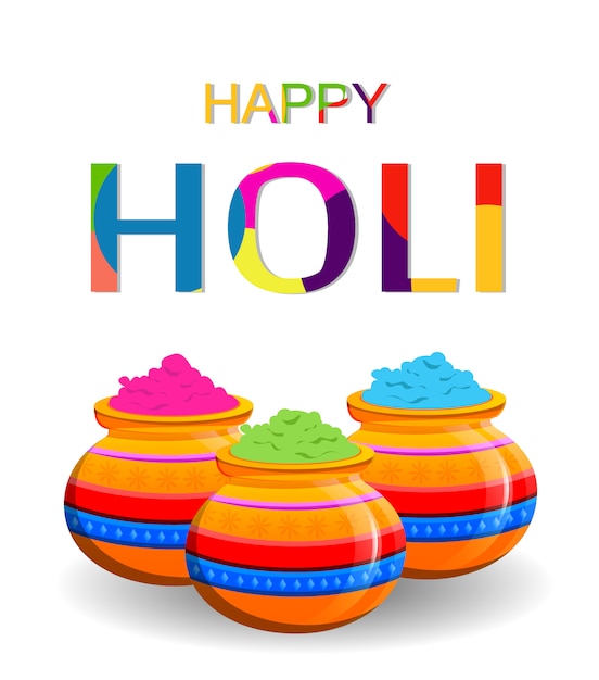 Premium Vector | Happy holi. three pots with colored powder