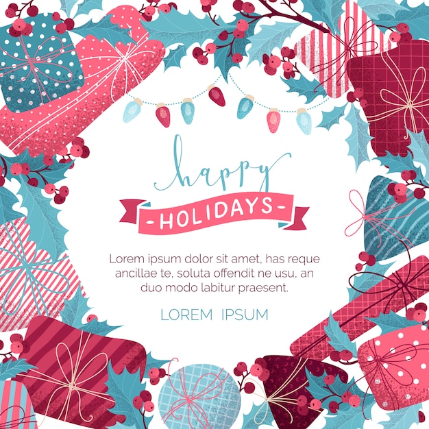Happy holidays background. gifts, mistletoe leaves and berries, garlands of pink and blue lamps ...