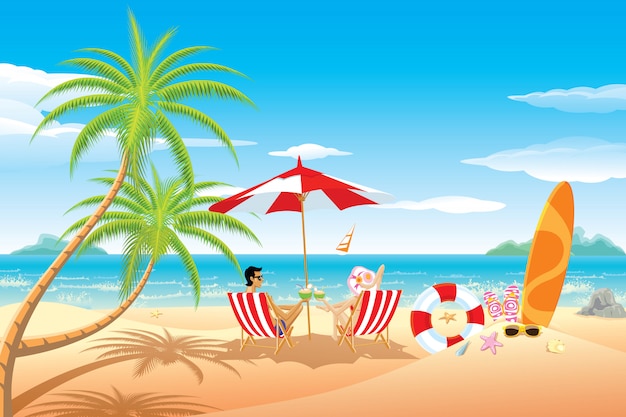 Premium Vector | Happy honeymoon couple in the beach.