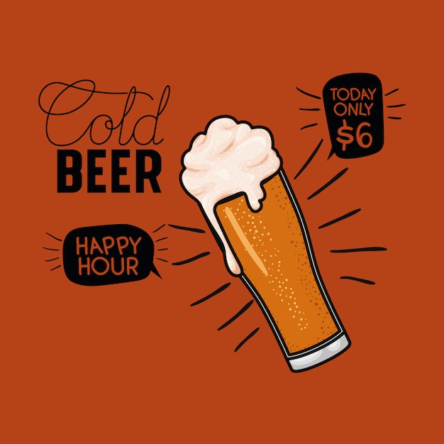 Happy hour beers label with glass Premium Vector