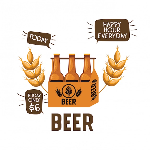 Happy hour label with beer isolated icon Premium Vector