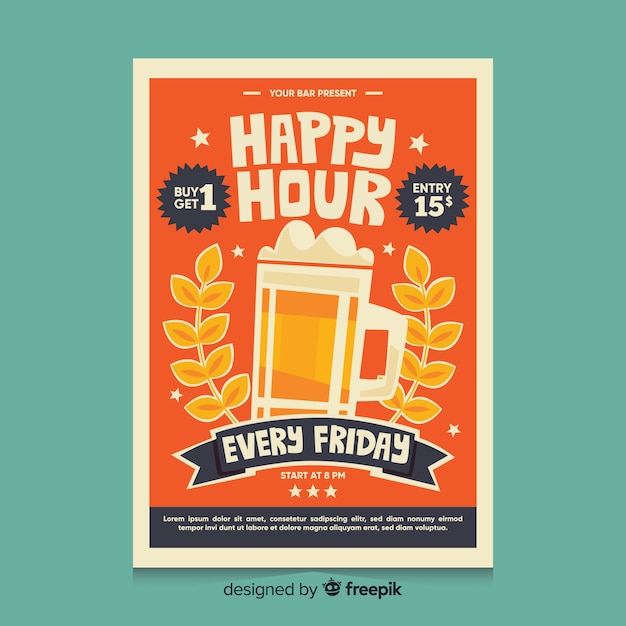 Happy hour poster with beer in a mug Vector Free Download