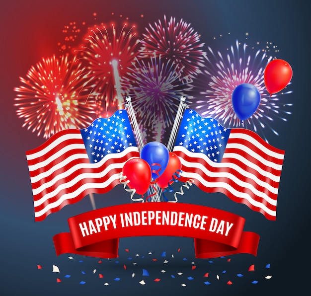 Happy independence day festive card with national flags of usa balloons and fireworks realistic ...