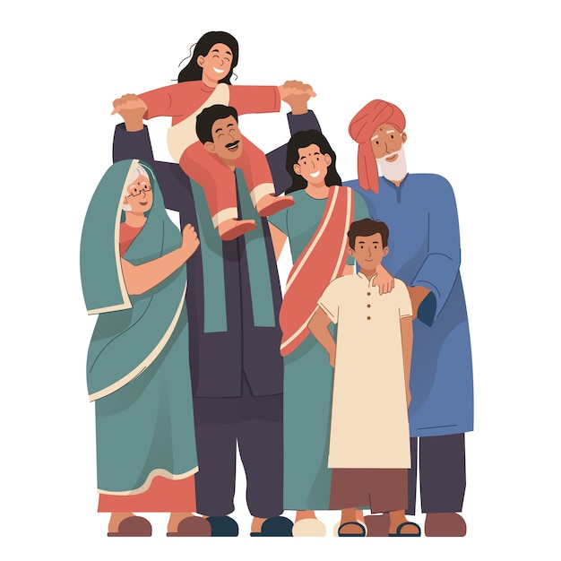 Download Premium Vector | Happy indian family portrait wearing traditional clothing. grandparents ...