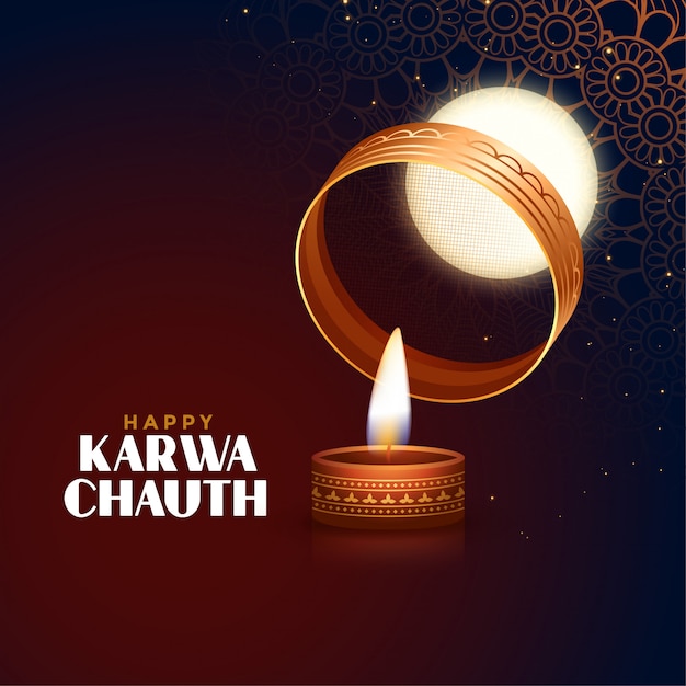 Free Vector Happy karwa chauth festival card with full moon and diya