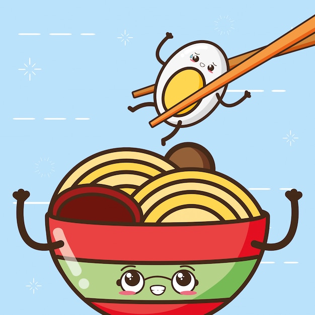 幸せなかわいい卵とスパゲッティ フードデザイン イラスト 無料のベクター