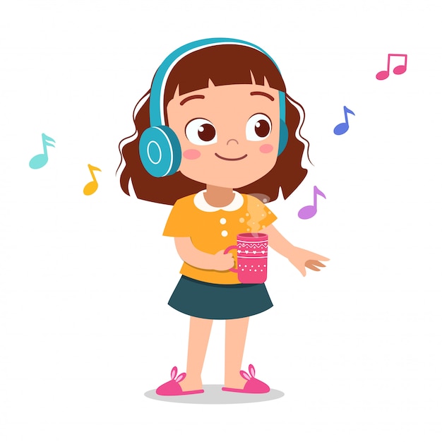 Happy kid listening music Premium Vector