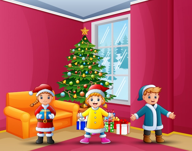 Premium Vector Happy Kids Celebration A Christmas In The Home