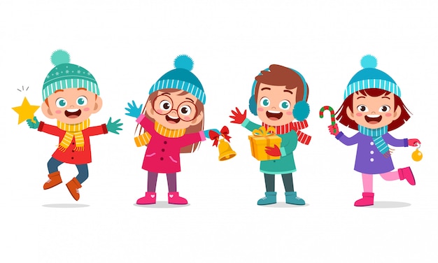 Happy kids expression smile christmas set Premium Vector