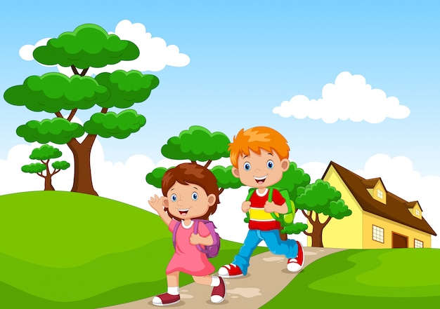 Premium Vector | Happy kids going to school from home