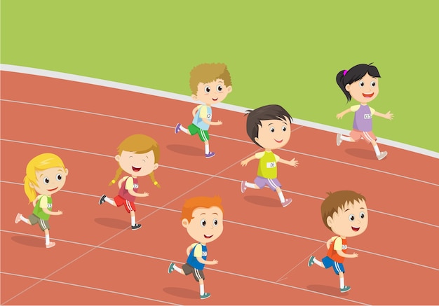 Premium Vector | Happy kids running on the track of stadium