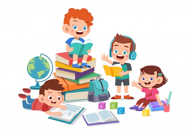 Happy kids studying together Vector | Premium Download