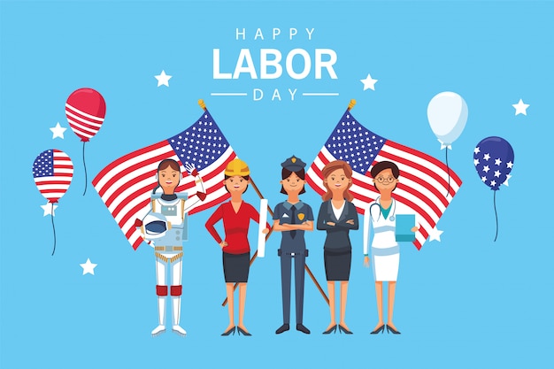 Premium Vector | Happy labor day celebration with workers and flags