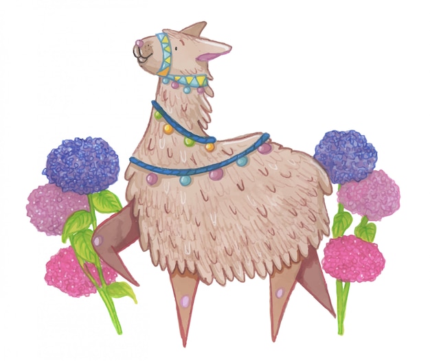 Happy Lama With Flowers Illustration Premium Vector