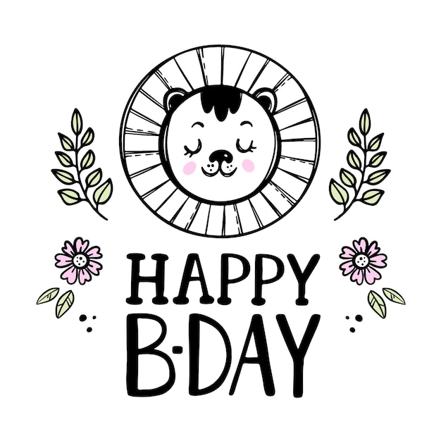 ハッピーライオン赤ちゃんの誕生日かわいい動物花とお祝いのグリーティングカード 手書きテキストクリップアートと漫画手描きスケッチ プレミアムベクター