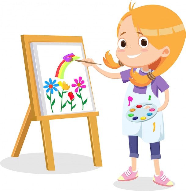 Premium Vector | Happy little girl painting on a canvas