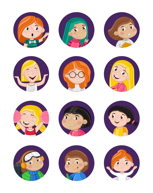 Happy little girls avatar set Premium Vector