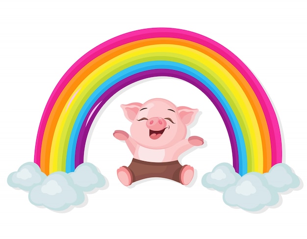 Premium Vector | Happy little pig and rainbow vector illustration cartoon