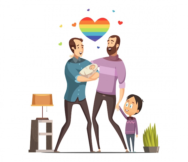 Free Vector Happy Loving Same Sex Gay Couple With Newborn Baby And Little Son At Home Retro Cartoon Vector Illus