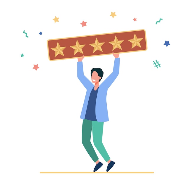 Happy man holding five golden stars. customer, review, social media flat illustration Free Vector