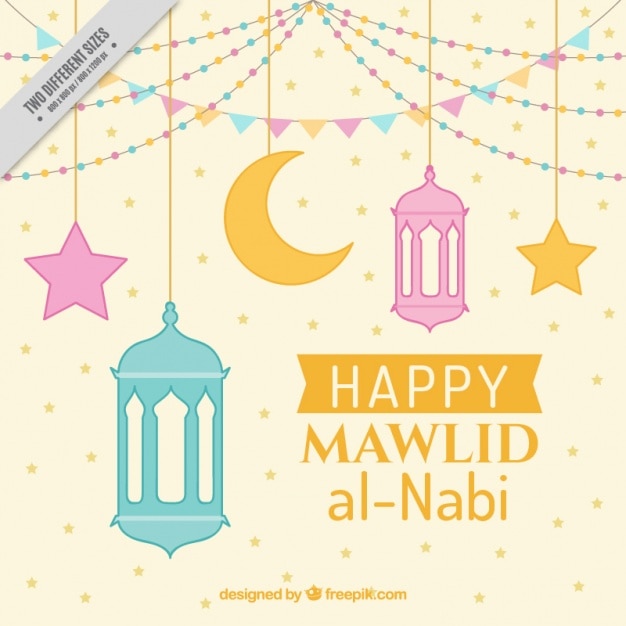 Happy mawlid background with decorative lanterns Free Vector