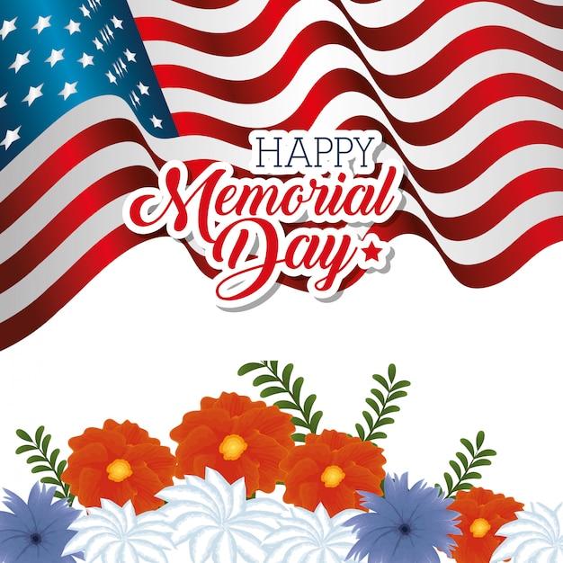 Premium Vector | Happy memorial day with beautiful flowers and usa flags